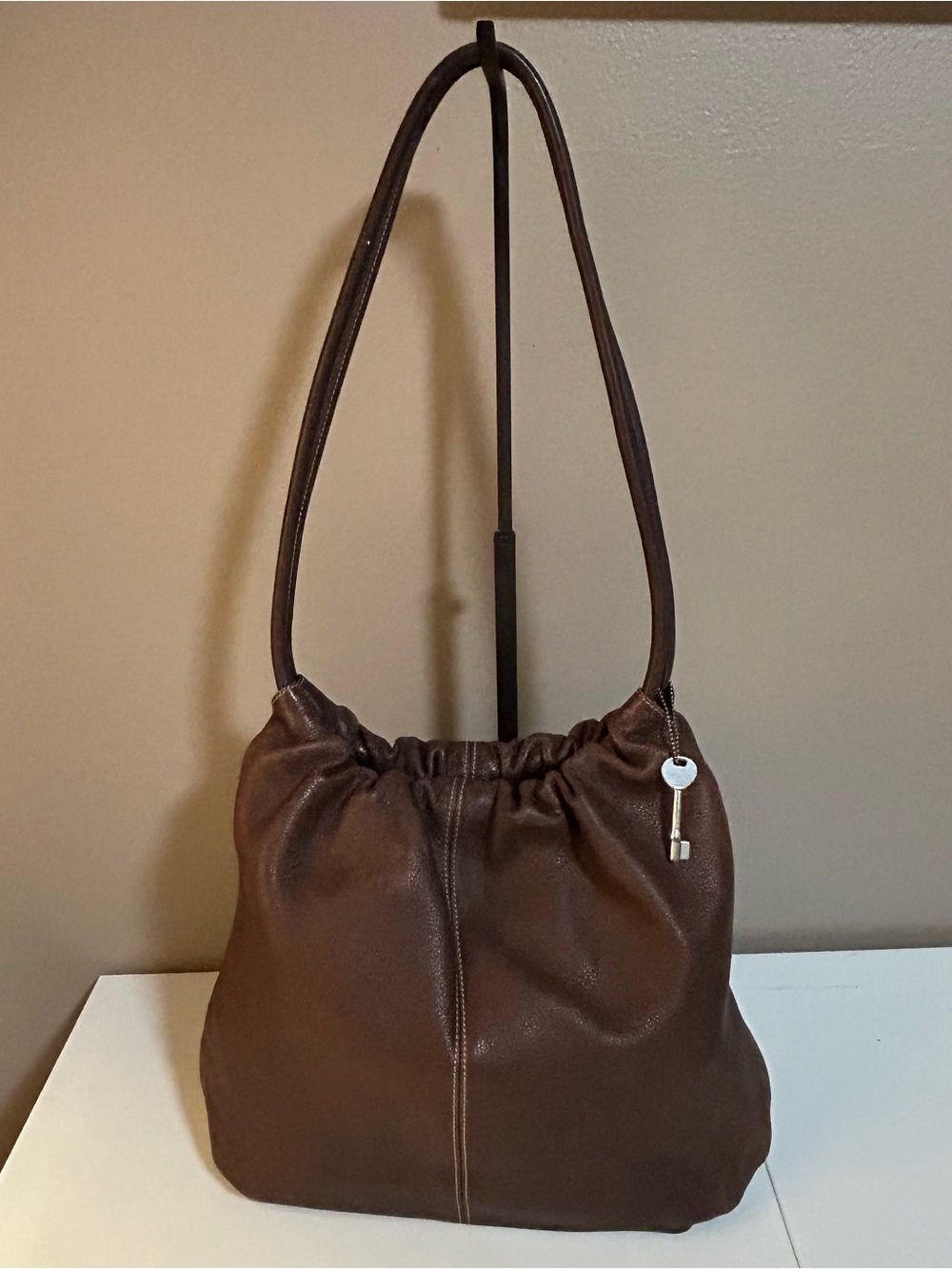 Fossil Vintage Brown Leather Hobo Bag Double Handles Key Charm